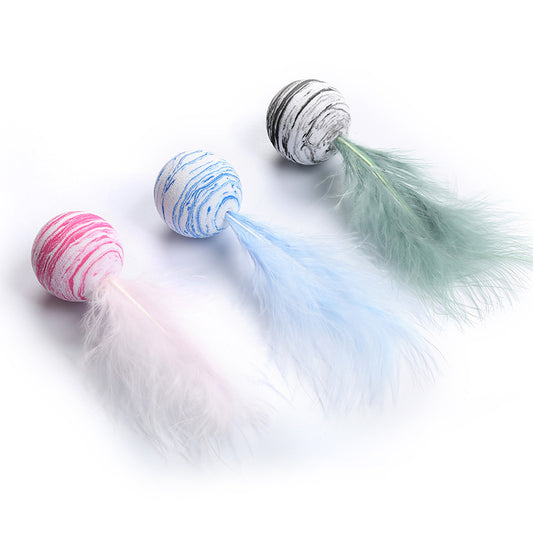 Lightweight EVA foam feather ball cat toy rolling on indoor floor