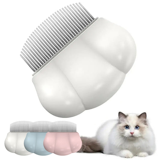 Shell shaped pet grooming comb removing loose hair from fur